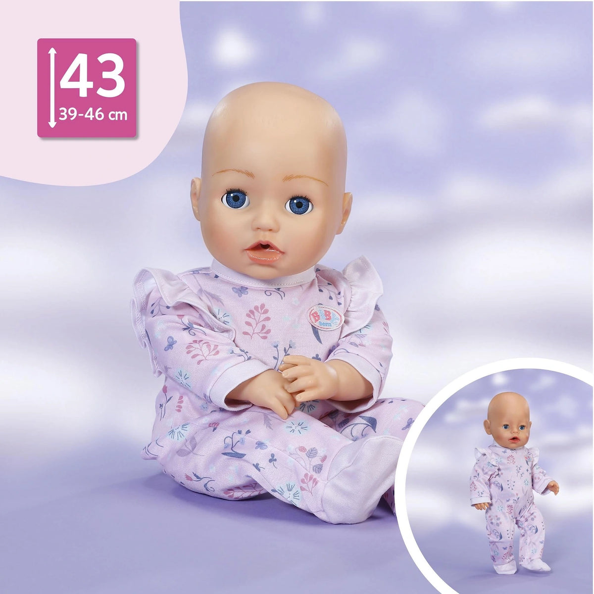Baby Born doll wearing the Forest romper with 43cm size guide for 39 to 46 cm dolls