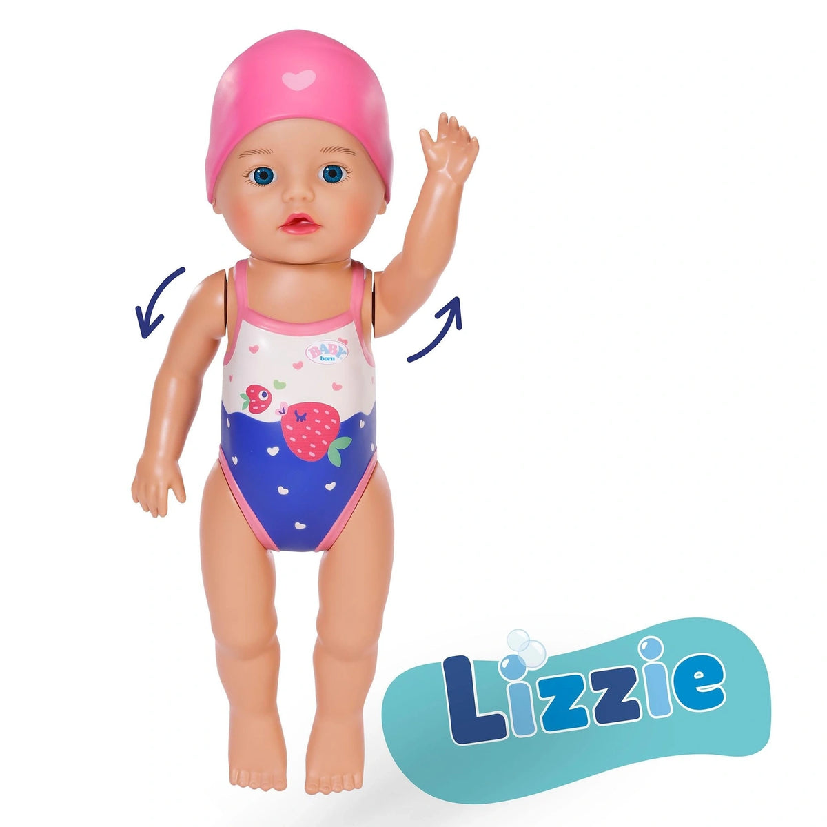 Baby Born Swimming Lizzie 30cm standing with one arm raised and curved arrows showing arm movement