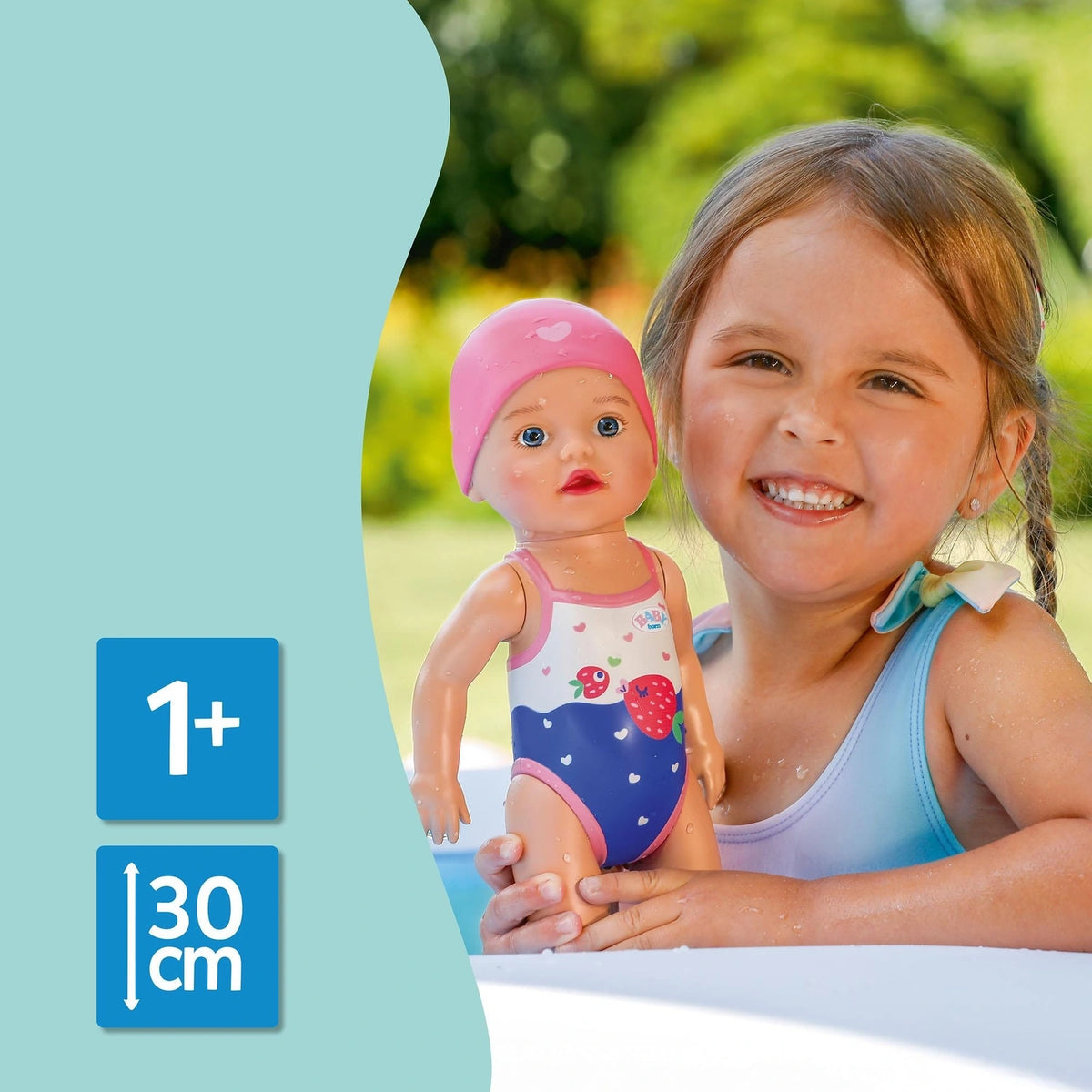 Child holding Baby Born Swimming Lizzie 30cm with 1+ age and 30 cm size graphics