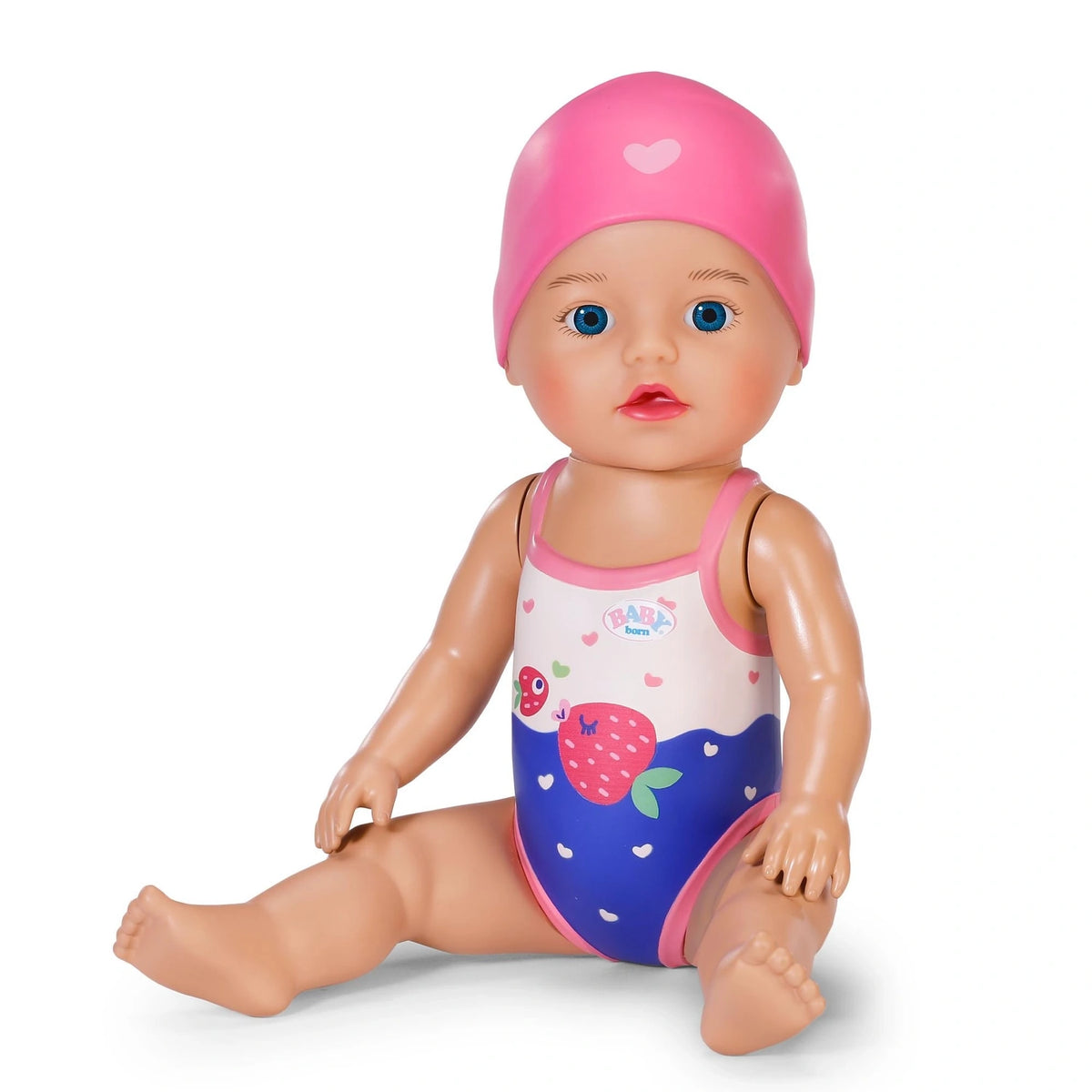 Baby Born Swimming Lizzie 30cm seated in pink swim cap and strawberry print swimsuit