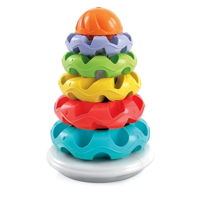 Baby Clementoni Stacking Rings with five colourful textured rings in turquoise, red, yellow, green and purple, topped with an orange dome on a grey rocking base.