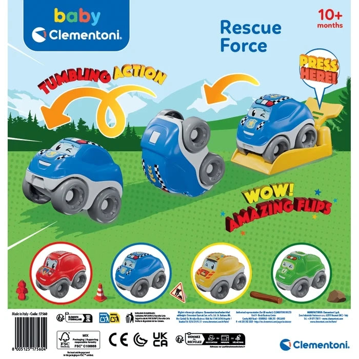 Baby Clementoni Rescue Force packaging graphic showing a blue police car performing a forward somersault from a yellow launcher, with illustrations of the four rescue vehicle designs and 10+ months marking.