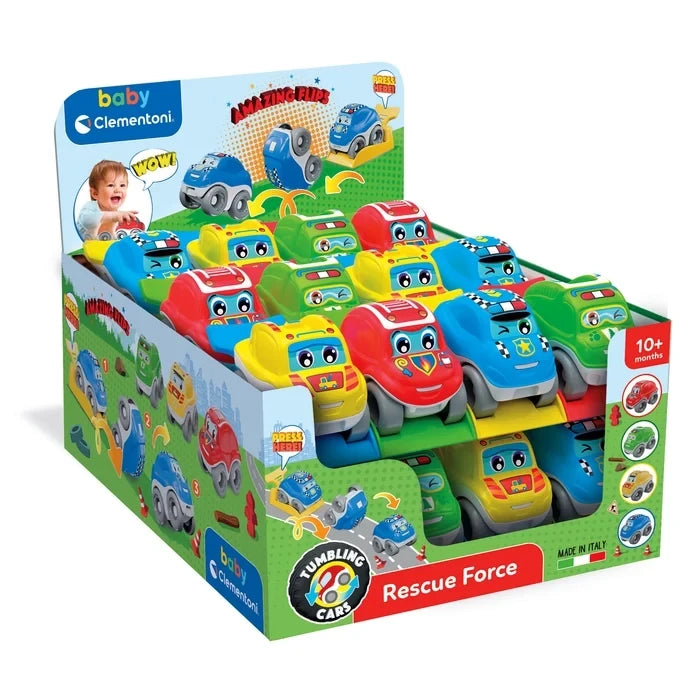 Baby Clementoni Rescue Force retail display box containing multiple red, blue, yellow and green tumbling cars, with illustrated somersault instructions and 10+ months age marking.