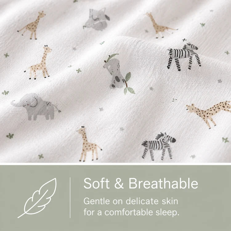 Baby Elegance Safari jersey fitted sheet close up with elephant, giraffe and zebra print