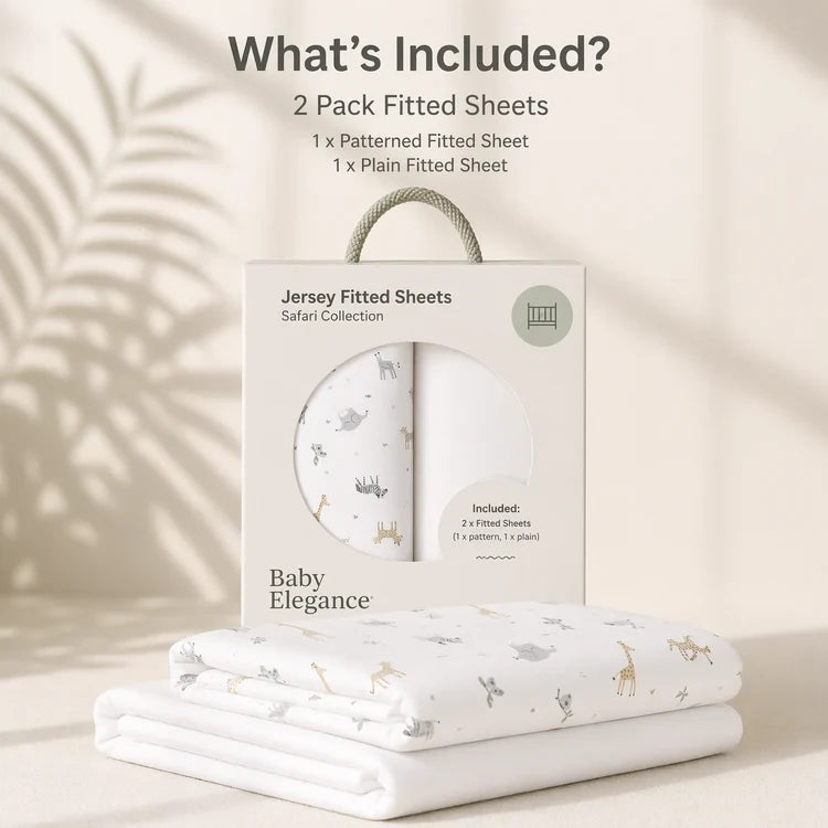 Baby Elegance Safari Jersey Fitted Sheets packaging with folded sheets and included two pack contents