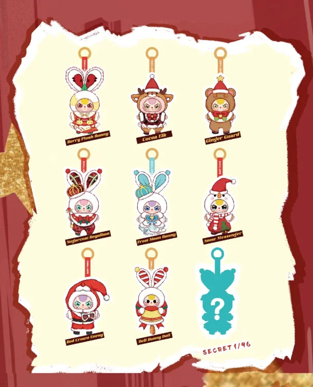 Baby Three Merry Christmas Plush Series character lineup sheet showing nine designs and one secret edition