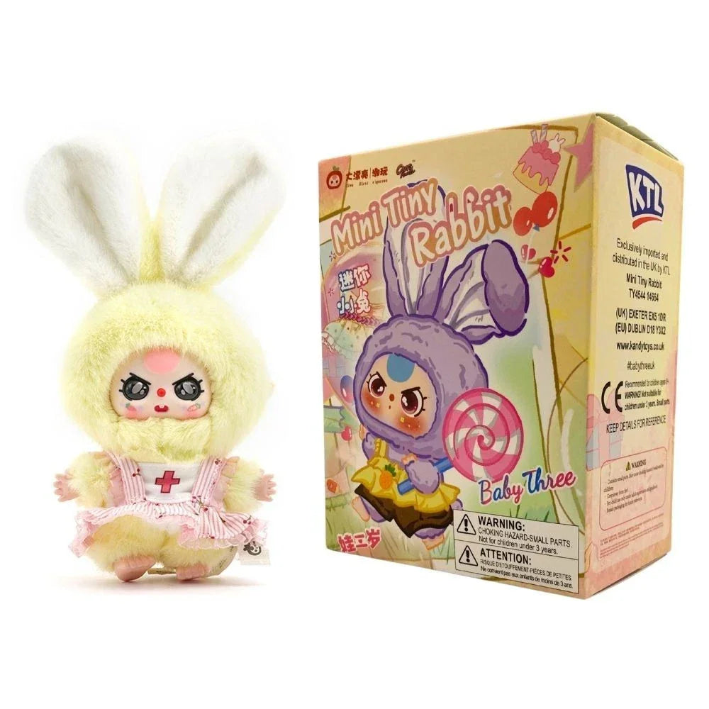 Baby Three Mini Tiny Rabbit Blind Box packaging with yellow rabbit plush figure inspired by Labubu style in Ireland