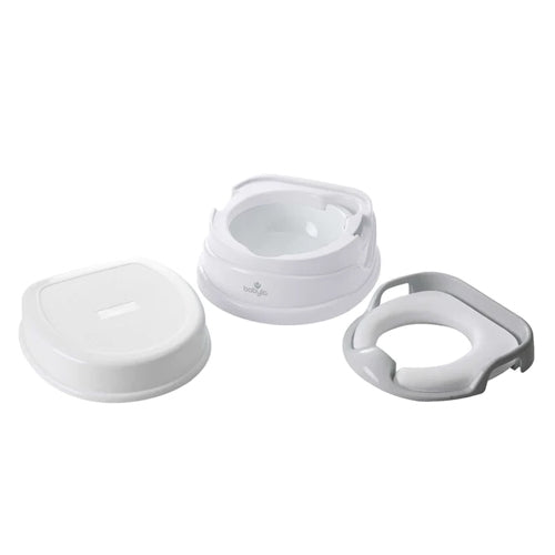 White and grey Babylo potty shown in separate components including the wide base, removable inner bowl, toilet seat insert and lid arranged on a white background