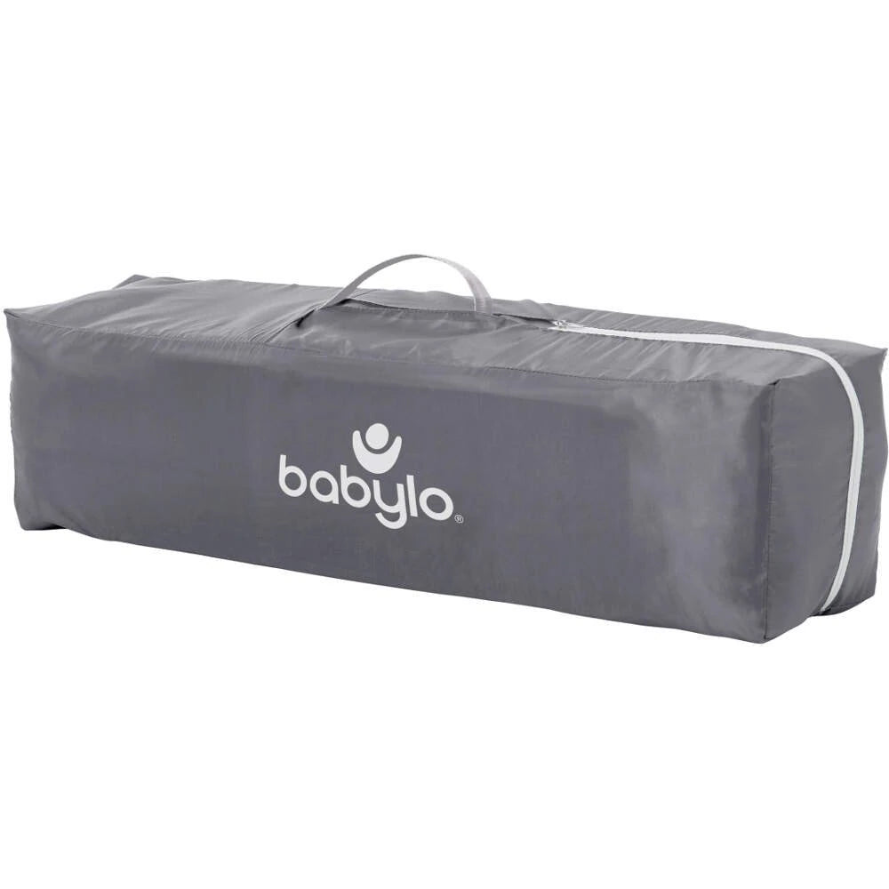 Babylo grey travel cot carry bag with Babylo logo and handle