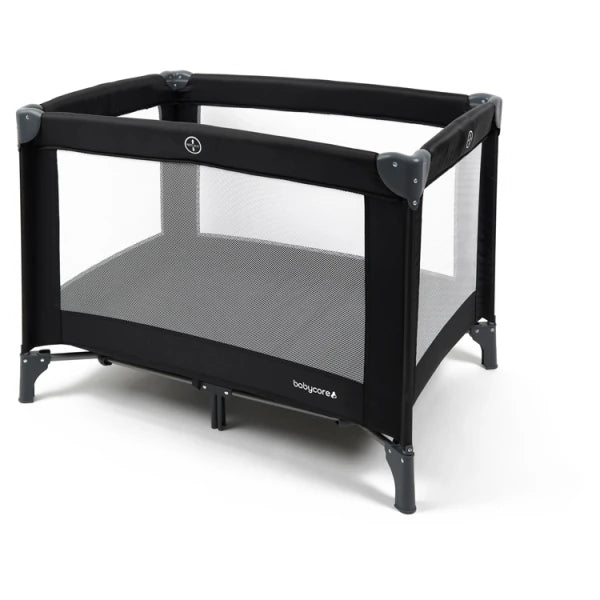 Babylo Alpha black travel cot side angle view with mesh panels and corner supports