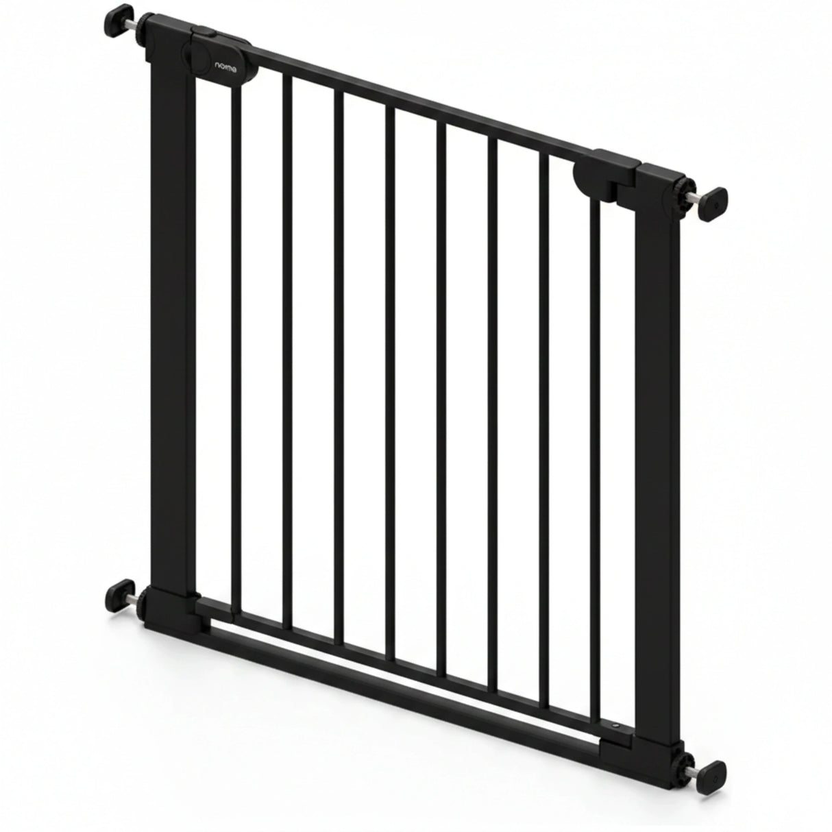 Babylo Easy Fit Flat Bar Safety Gate in black showing frame, vertical bars and pressure fit adjustment points