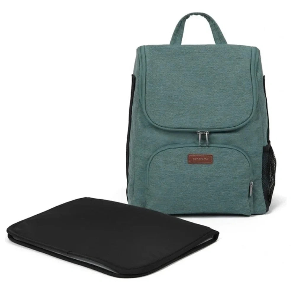 Fern green Babylo Panorama changing backpack with front zip pockets and black changing mat
