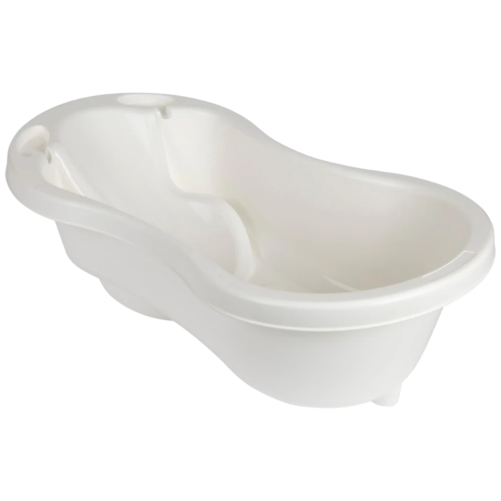 Babylo premium baby bath in white shown from angled side view with curved shape, carry handle area and built in back support visible