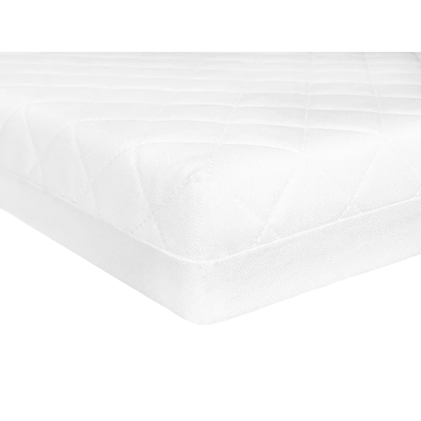 Babylo quilted fibre travel cot mattress corner view with white quilted cover