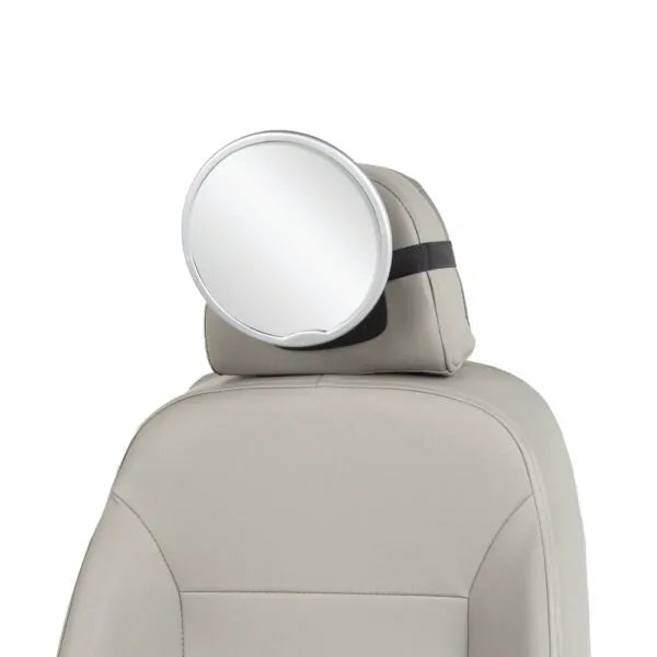 Babylo rear view mirror fitted to a car rear headrest with round mirror facing forward and adjustable strap wrapped around the headrest