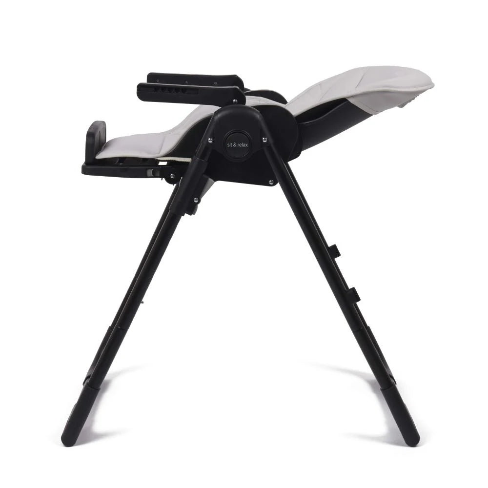 Babylo Sit & Relax Highchair reclined side view with grey seat and black frame
