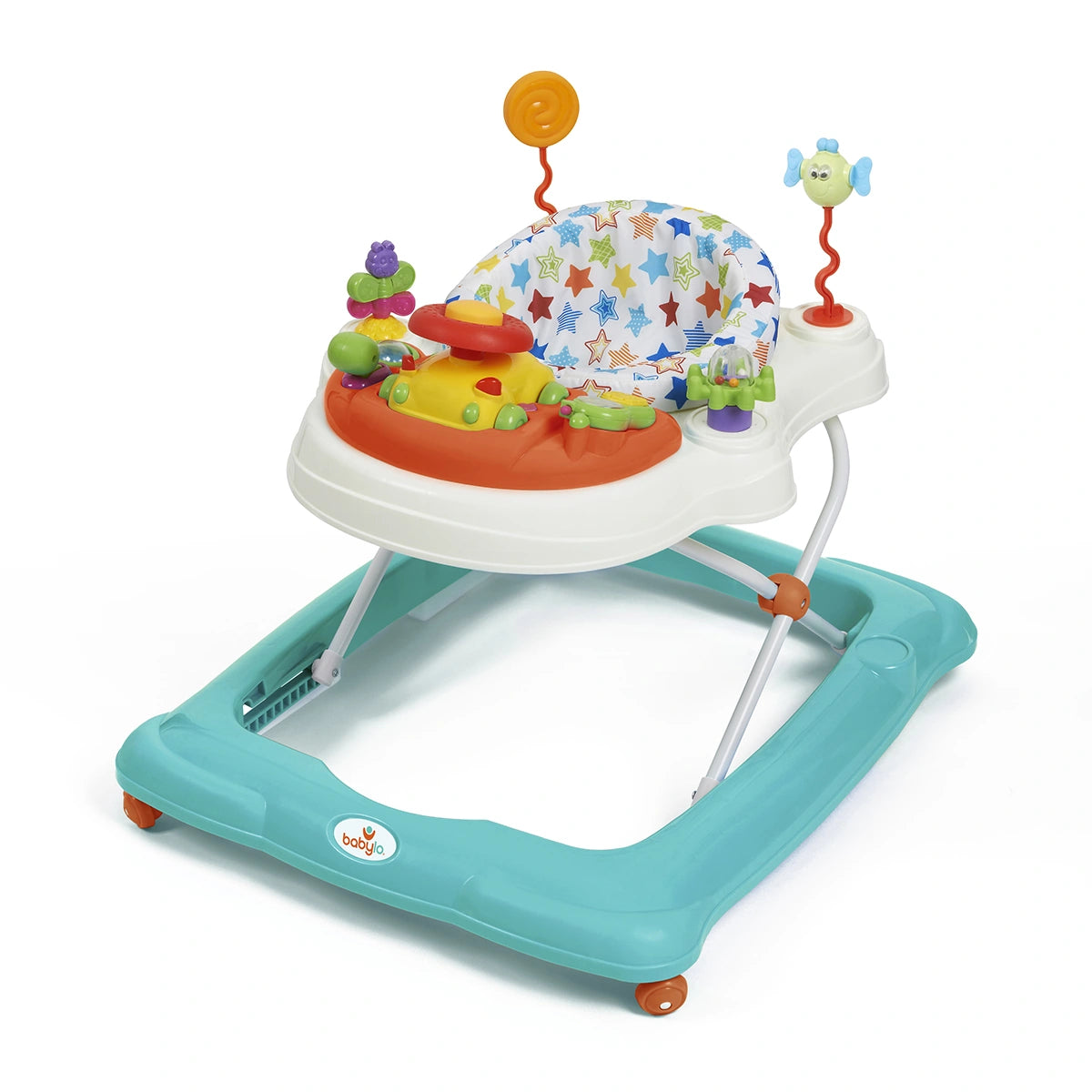 Babylo Twist About Walker in turquoise and white with star print seat, orange play tray and attached toys on white background
