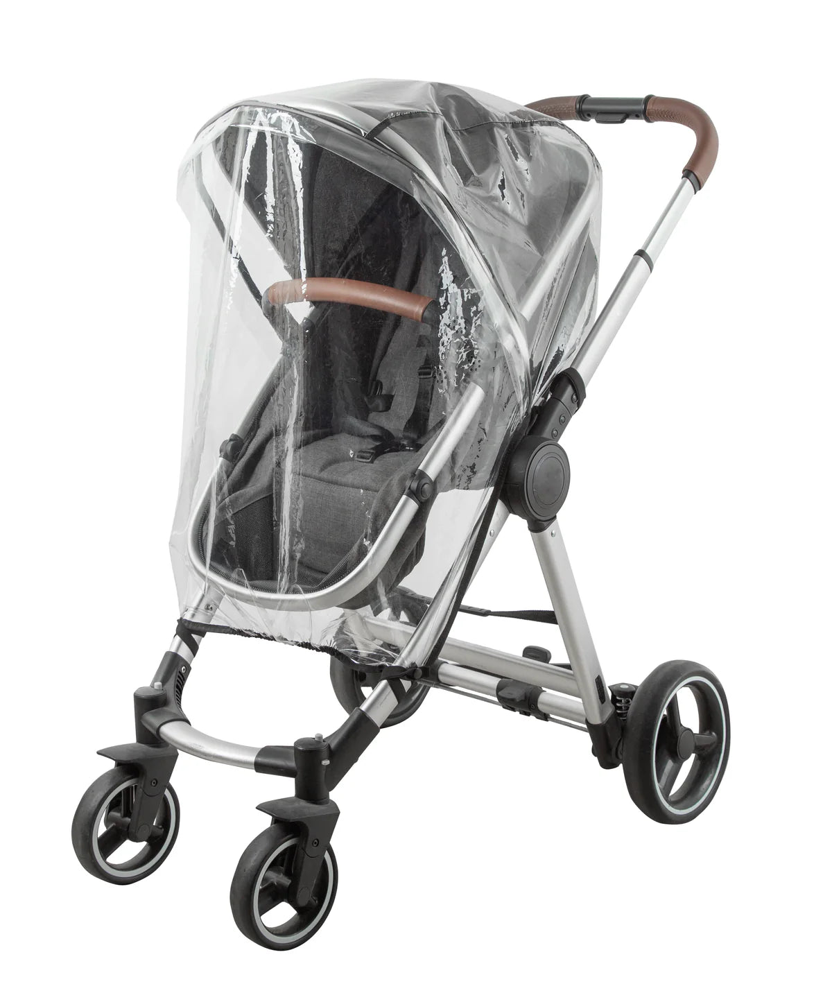 Babylo universal stroller rain cover fitted over a grey stroller, clear transparent cover showing seat, frame, wheels and handlebar from front angle