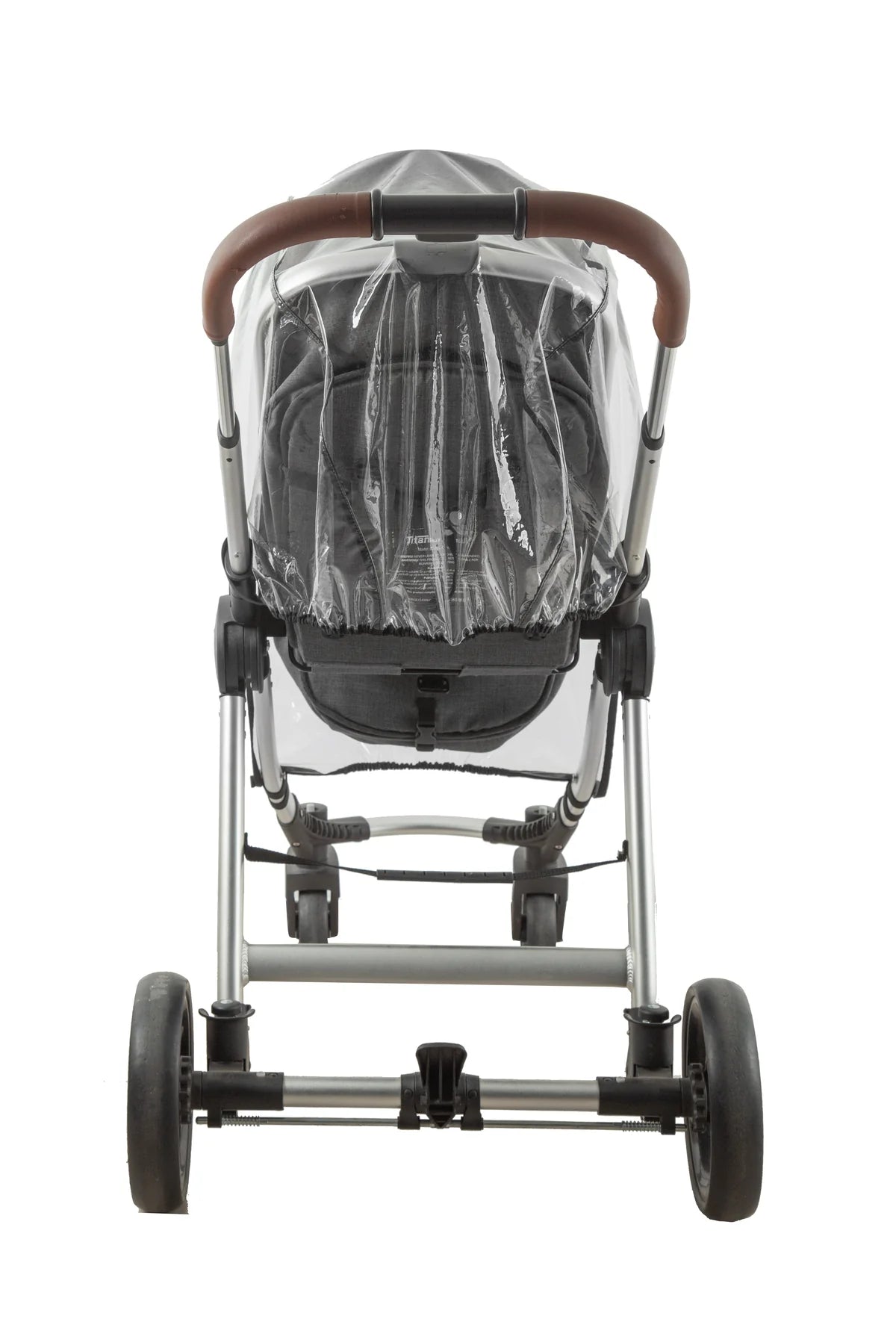 Babylo universal stroller rain cover shown from rear view on a grey stroller, clear cover gathered around the back with handlebar and rear wheels visible