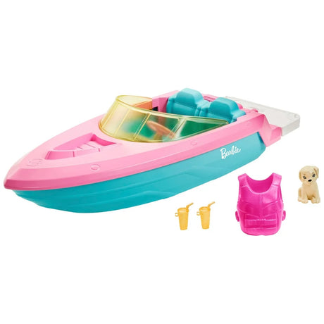 Barbie Speedboat Toy with Puppy, Life Vest and Drinks - Ireland