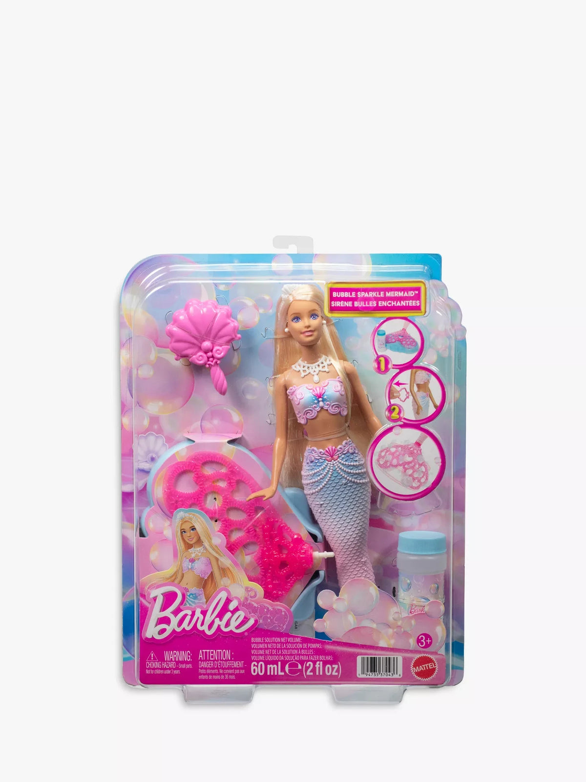 Barbie Bubble Sparkle Mermaid with pink tail, bubble tray and accessories displayed in packaging