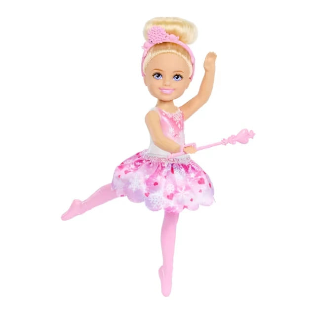 Barbie Chelsea Nutcracker Snow Fairy blonde doll in ballerina pose with wand