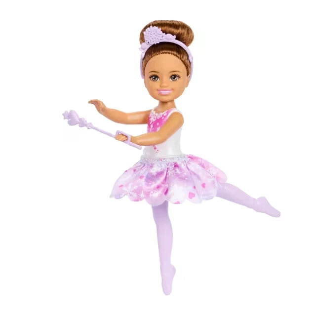 Barbie Chelsea Nutcracker Snow Fairy brunette doll in ballerina pose with wand