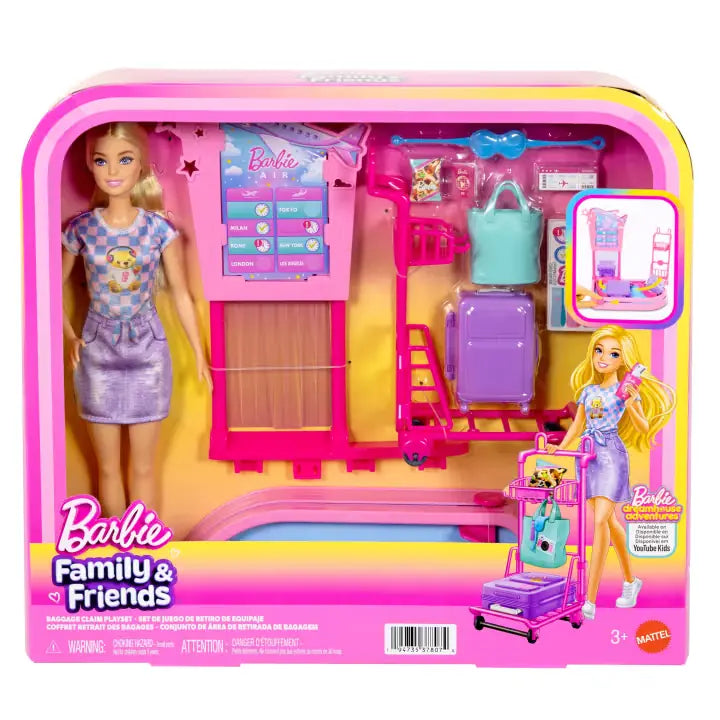 Barbie Family and Friends Baggage Claim Playset in its pink retail packaging