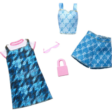 Barbie Fashion Pack blue denim dress, B logo top, shorts, pink purse, and sunglasses laid out – Ireland