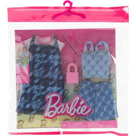 Barbie Fashion Pack with blue denim dress, top, shorts and accessories in front packaging – Ireland