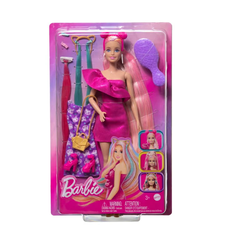 Barbie Fun & Fancy Hair Doll shown in front box packaging with accessories