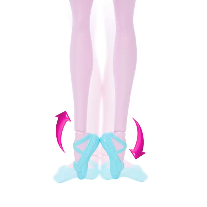 Close view of the Barbie In The Nutcracker Clara Doll wearing pale pink tights and blue ballet shoes together, with pink curved arrows beside the feet.