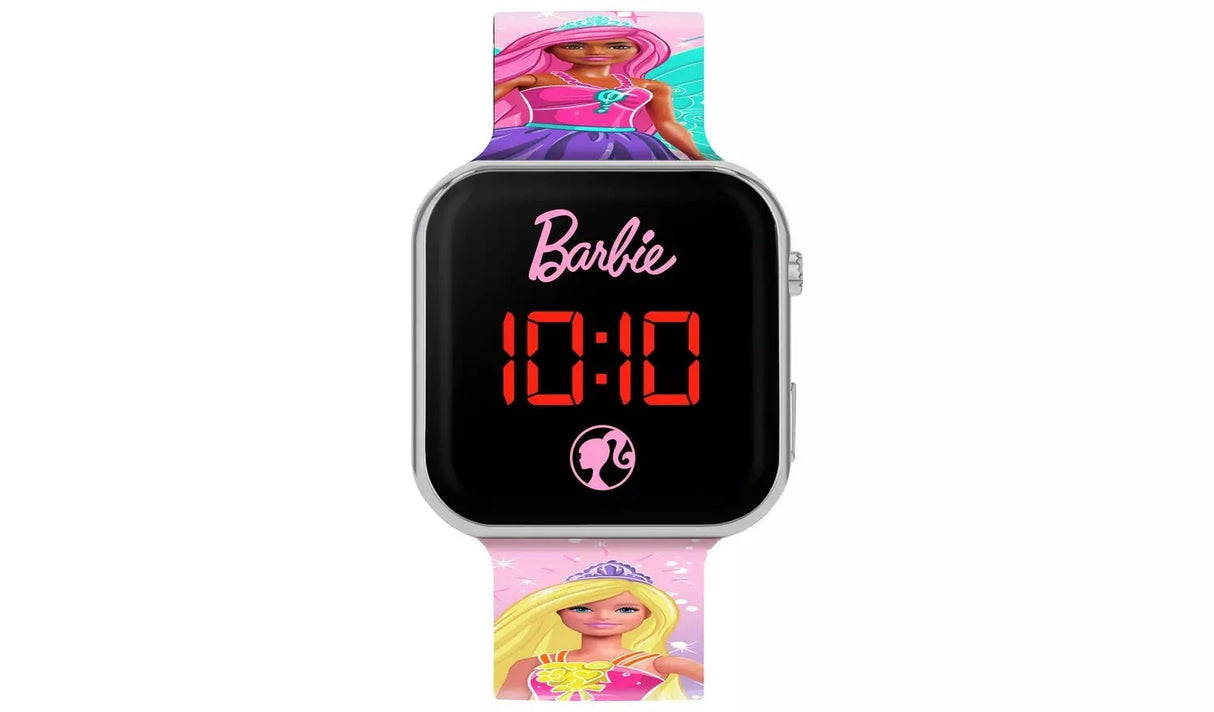 Barbie LED watch front view with Barbie logo, red digital display, Barbie silhouette graphic and princess character printed strap