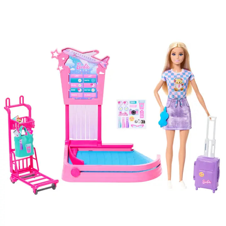 Barbie Malibu doll beside the baggage claim playset, luggage cart, purple suitcase and sticker sheet