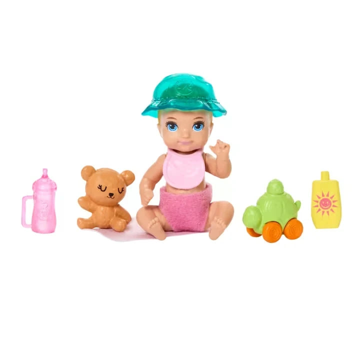 Barbie Skipper Babysitters Stroller Playset baby doll with teddy bear, bottle, hat, food pieces and sunscreen bottle