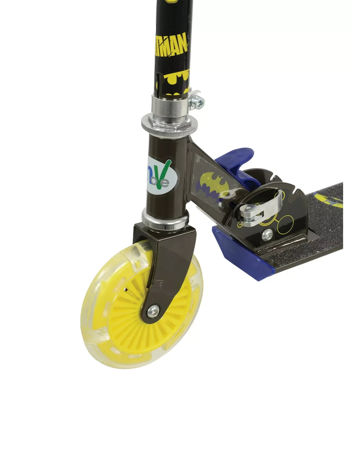 Front wheel section of a Batman themed scooter showing the yellow accented wheel, blue grip, and printed stem.