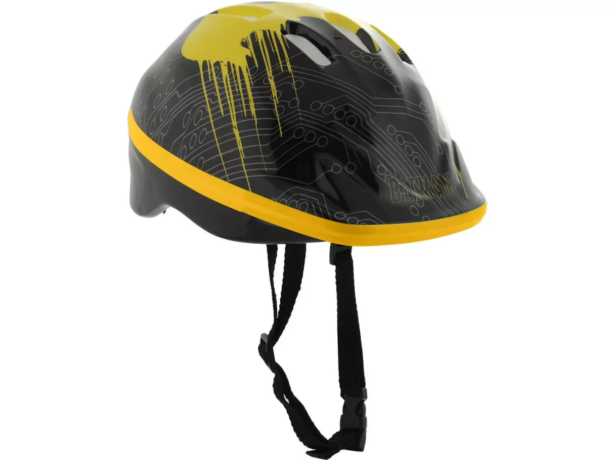 Batman themed kids safety helmet side profile showing yellow trim and adjustable fit design