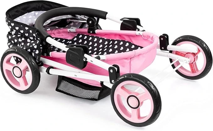 Bayer Design Dolls Pram Cosy pink doll pram folded with wheels and storage basket visible