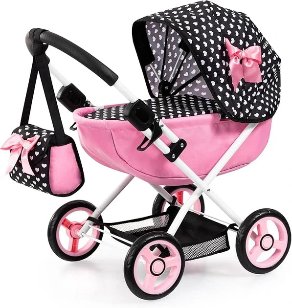 Bayer Design Dolls Pram Cosy pink doll pram front angle with black polka dot hood and shoulder bag