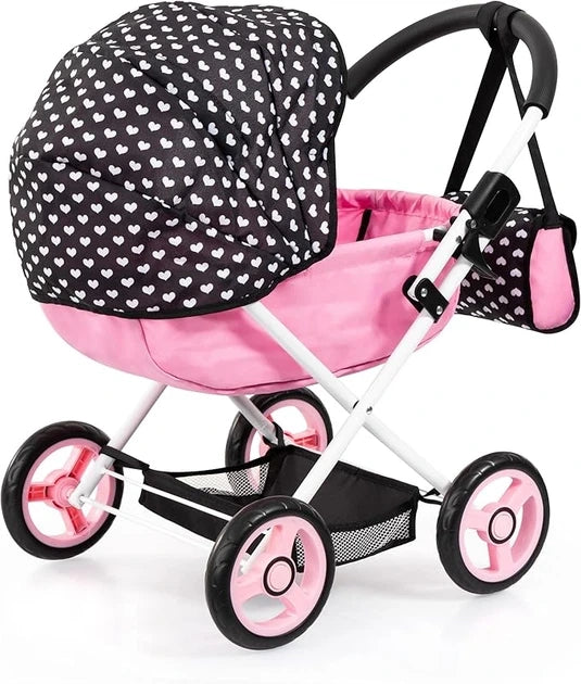 Bayer Design Dolls Pram Cosy pink doll pram rear angle with black polka dot hood and handle