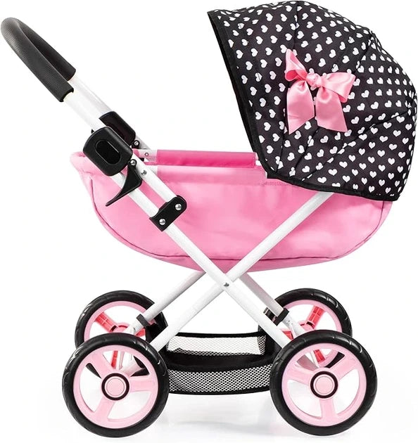 Bayer Design Dolls Pram Cosy pink doll pram side view with black polka dot hood and pink wheels