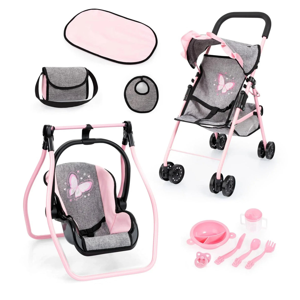 Full Bayer dolls buggy set showing stroller, cradle, bag, bib, mat, and small feeding accessories arranged on a white background