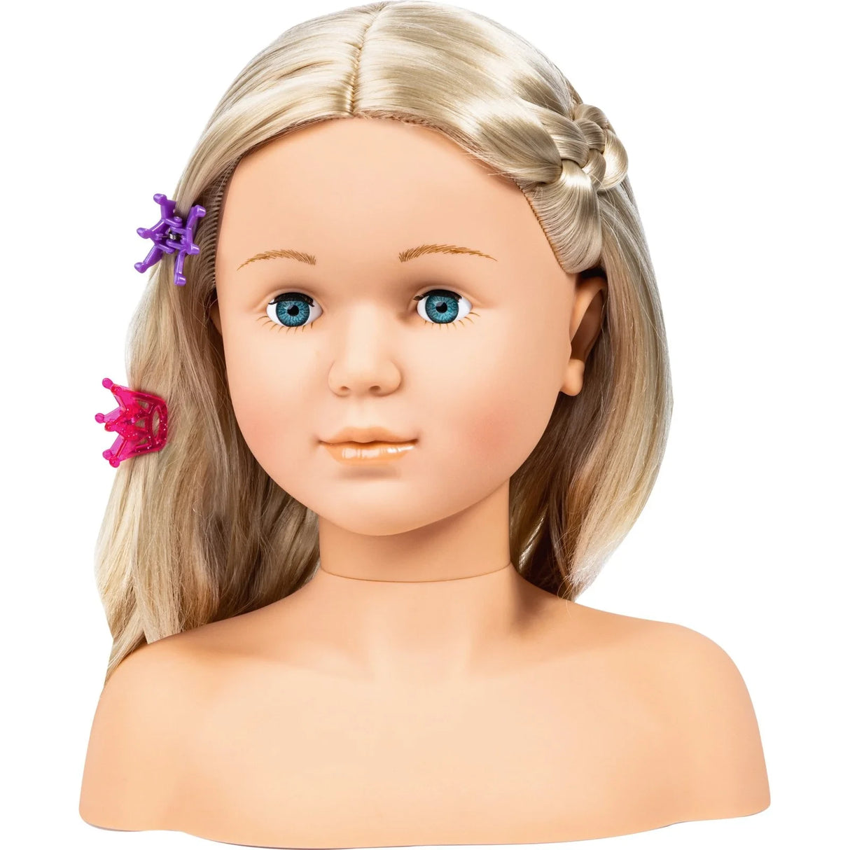 Bayer Super Model doll styling head with blonde hair and pink and purple hair clips
