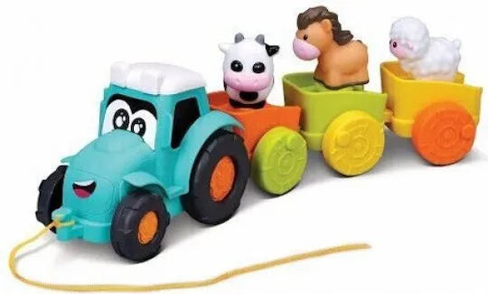 Bburago BB Junior Farm Tractor Pull Along showing a blue tractor, three trailers, cow, horse and sheep