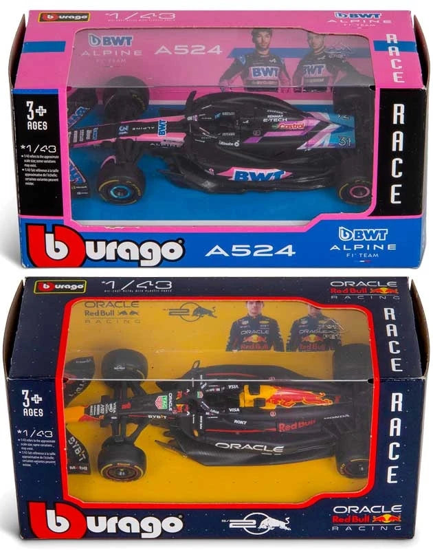 Bburago Alpine and Red Bull Formula 1 model cars shown in boxed packaging