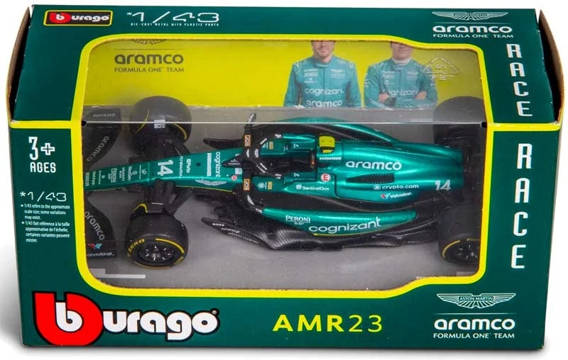 Bburago Aston Martin AMR23 Formula 1 model car shown in green front packaging
