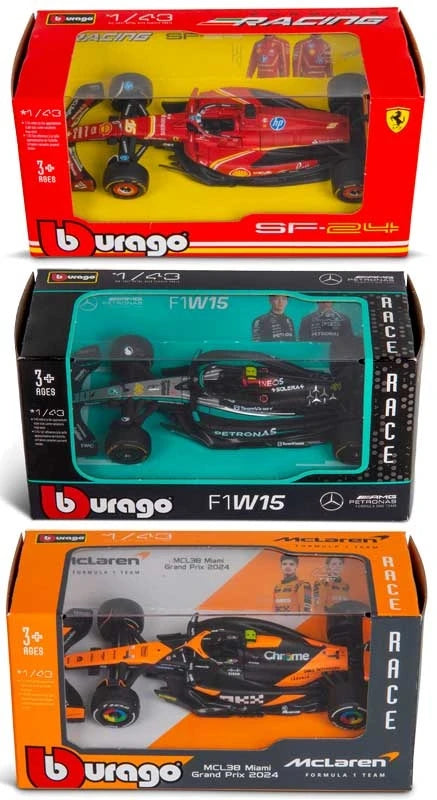 Bburago Ferrari, Mercedes and McLaren Formula 1 model cars shown in boxed packaging
