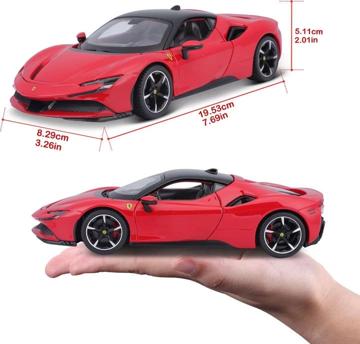 Bburago Ferrari SF90 Stradale with dimension markings and hand size reference