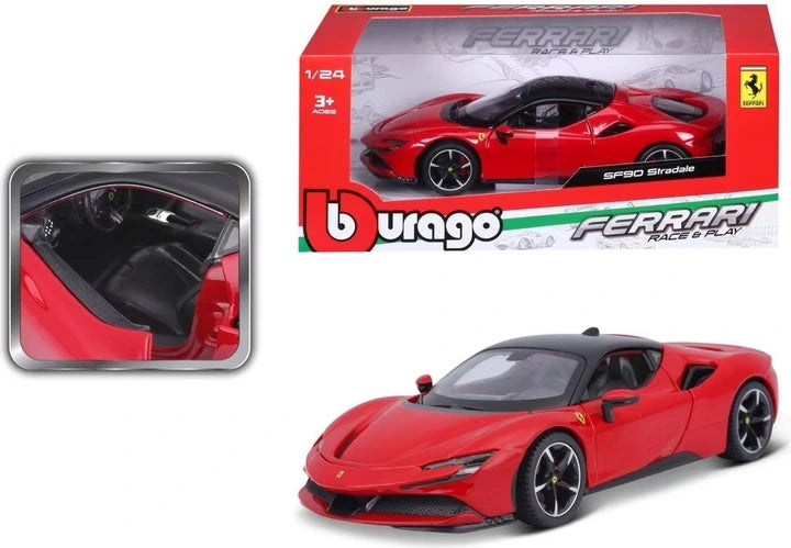 Bburago Ferrari SF90 Stradale with retail packaging and inset view of open door