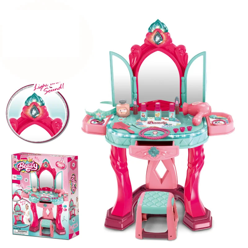 Beauty vanity table set shown with the play table mirrors stool and the retail box beside it on a white background